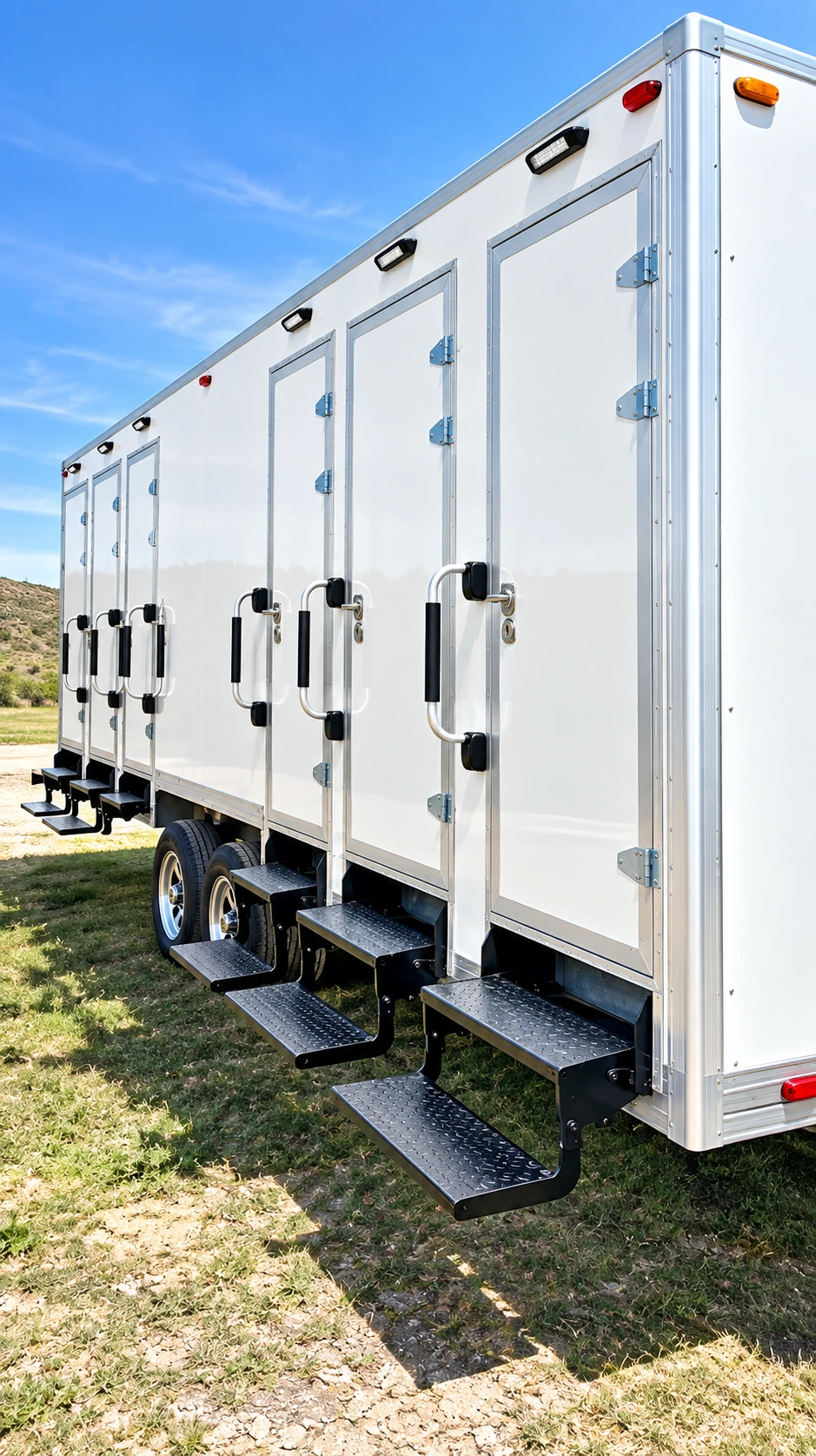 22ft Luxury Shower-Restroom Combination Trailer (6 Stalls) 22ft shower restroom combination trailer multiple entrances