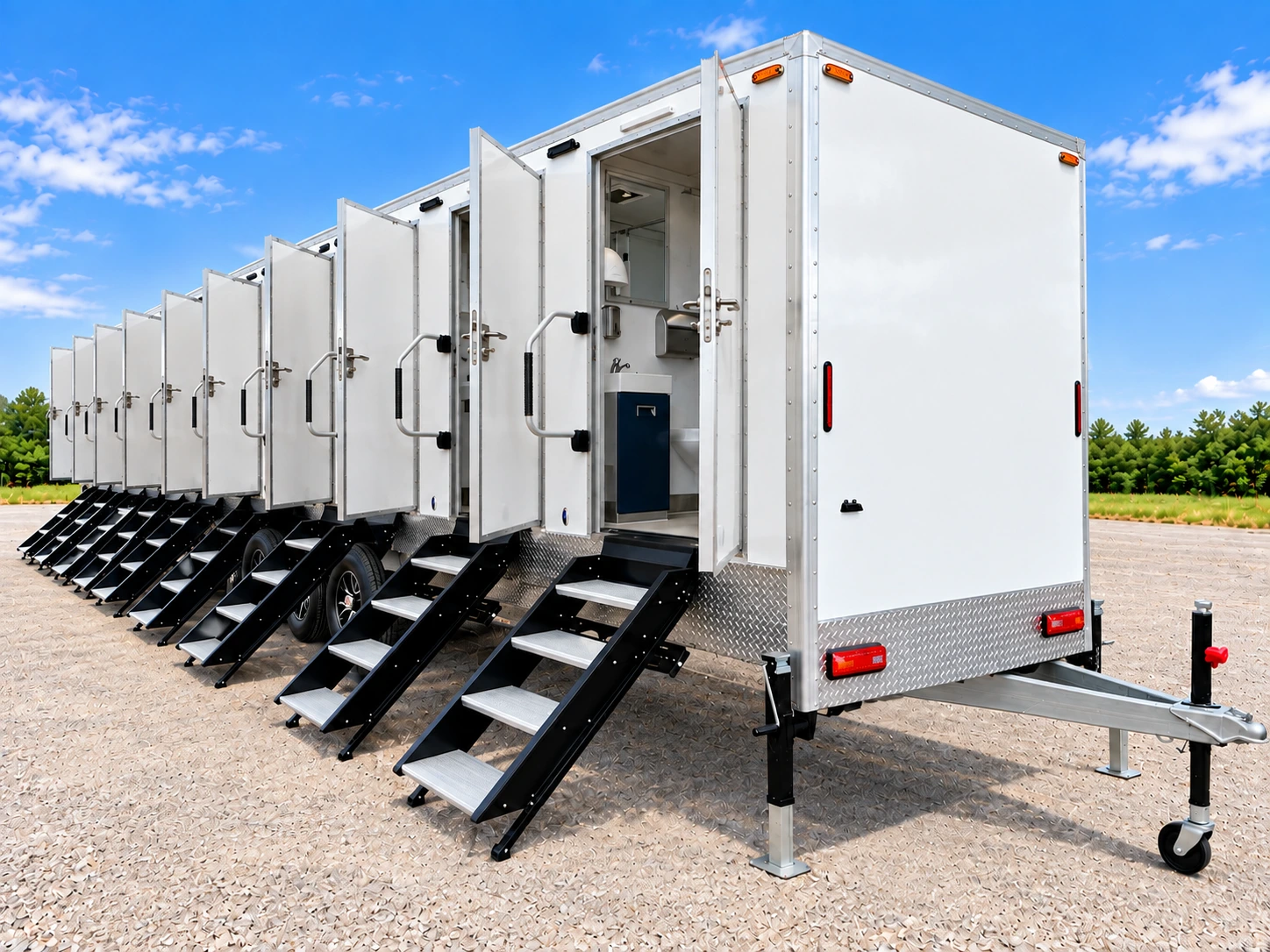 Luxury Shower-Restroom Combination Trailer (8 Stalls + 1 ADA) 8 stall ada restroom shower trailer entrance