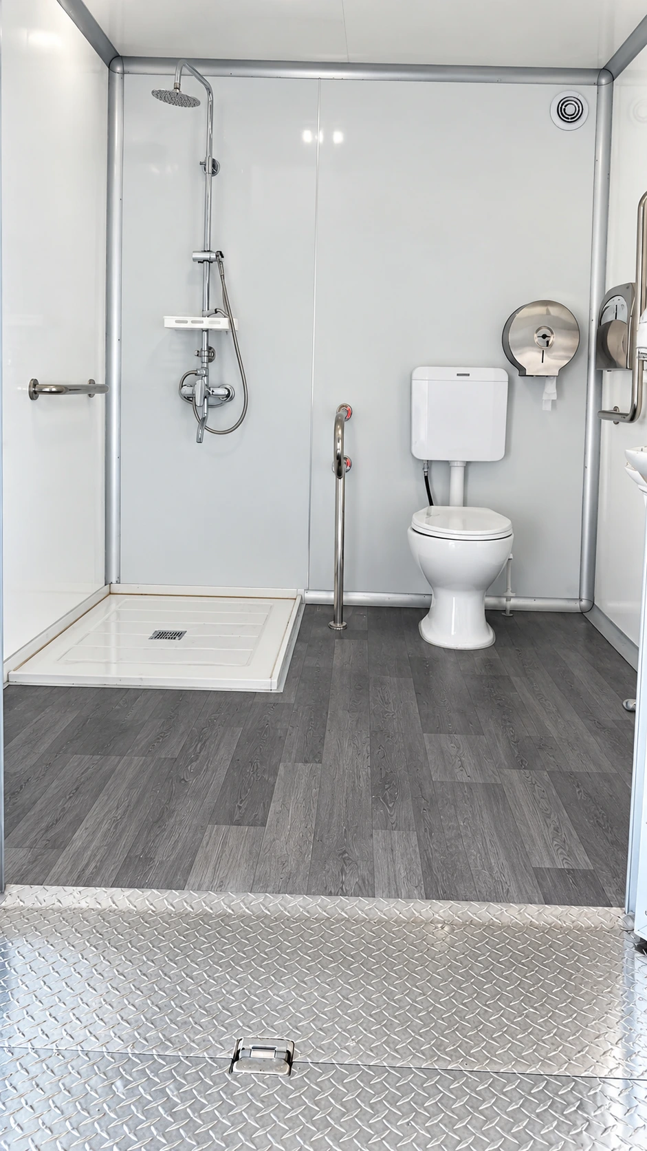 Luxury Shower-Restroom Combination Trailer (3 Stalls + 1 ADA) ada shower restroom trailer interior