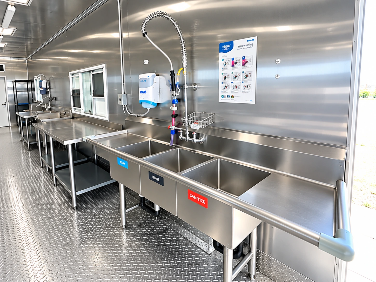 38ft High Temp Conveyor Dishwashing Trailer dish trailer rental complete interior