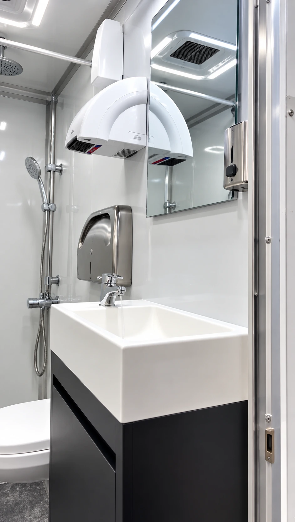 22ft Luxury Shower-Restroom Combination Trailer (6 Stalls) luxury shower restroom trailer sink vanity interior
