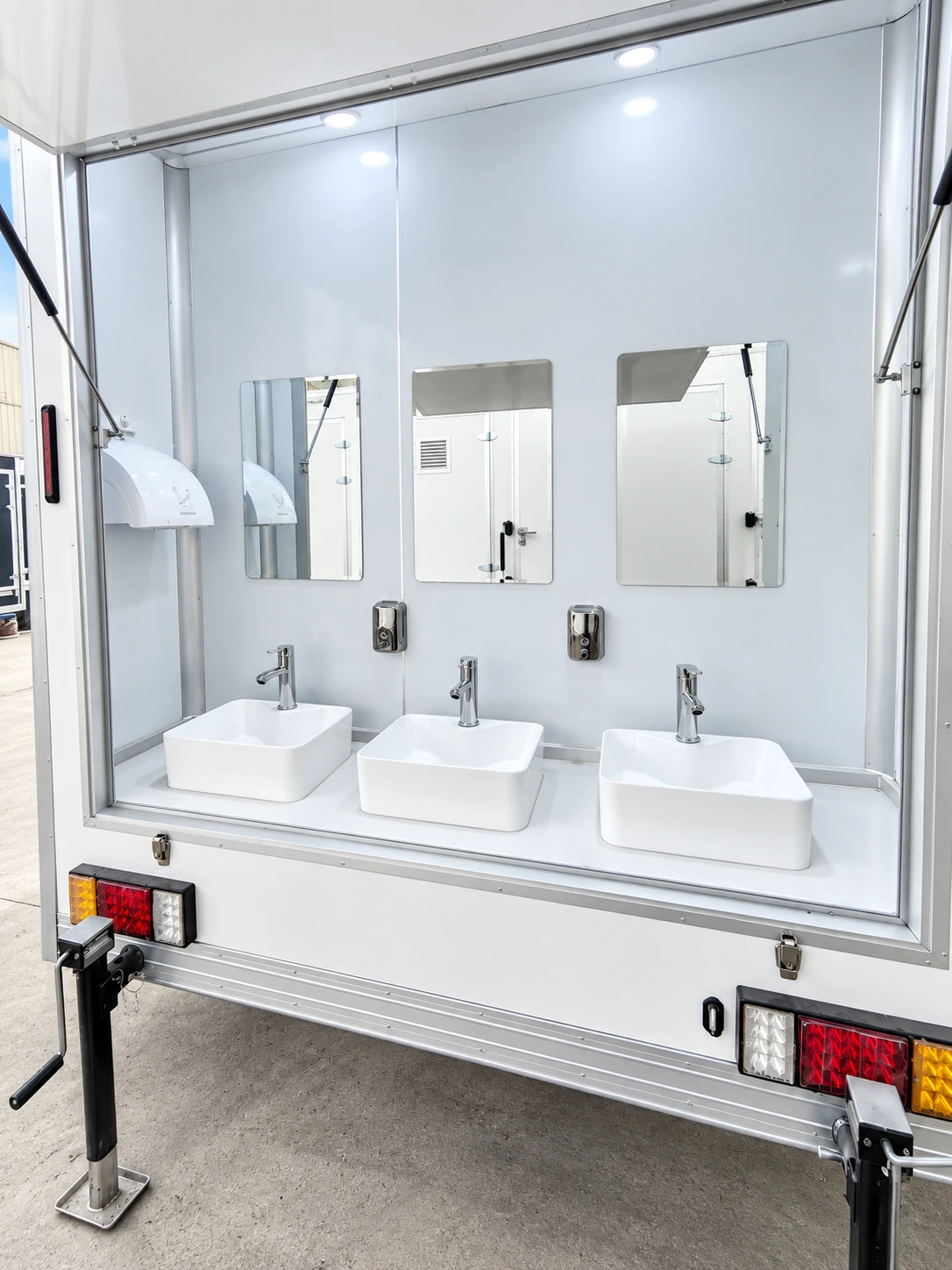 20ft Shower Container (5 Stalls) shower trailer sink and mirror area