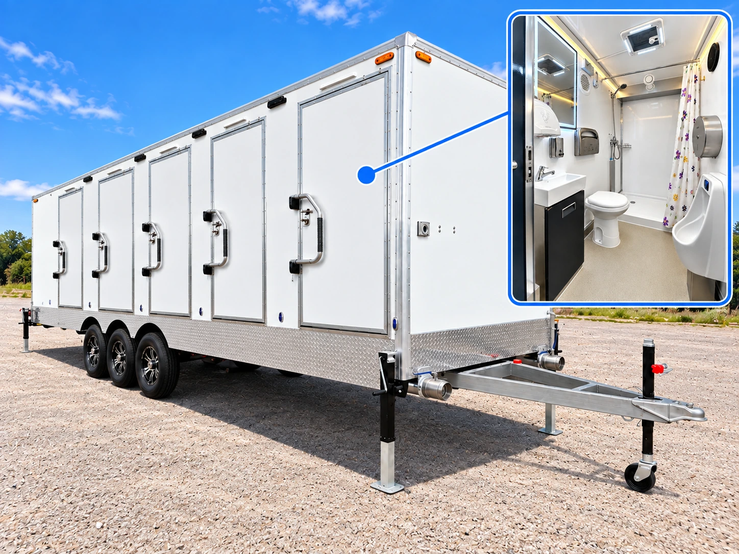 Luxury Shower-Restroom Combination Trailer (3 Stalls + 1 ADA) temporary shower restroom trailer exterior doors